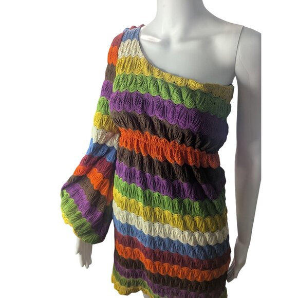 Judith March Mini Dress Sz S Multicolor Striped Crochet Retro Hippie Artsy - Picture 4 of 11